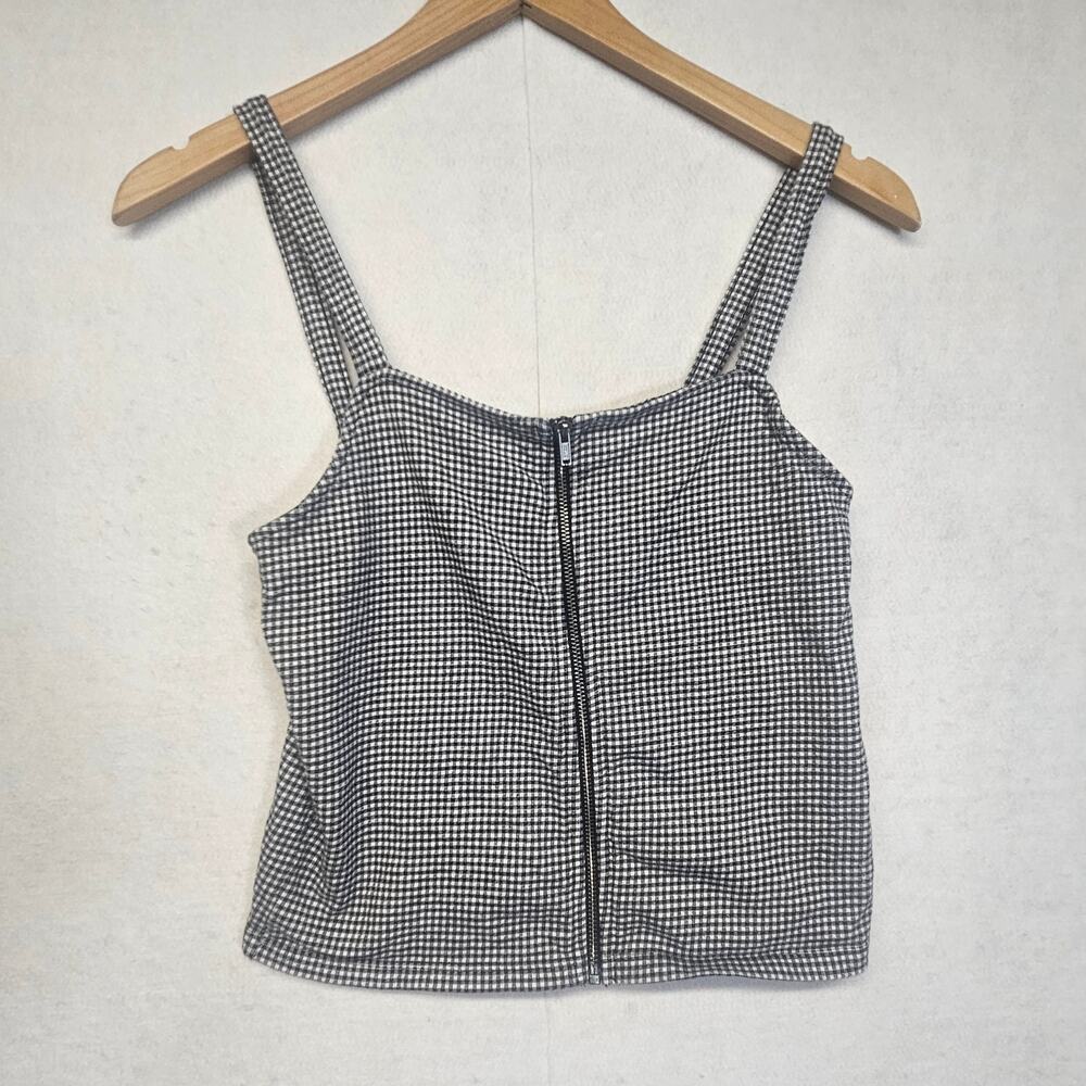 American Eagle Womens Gingham Zip Front Tank Crop Top Black White Check Size S